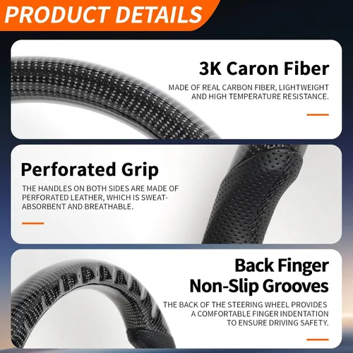 Vista 3 de Volante de fibra de carbono, volante de cuero perforado con parte inferior plana en forma de D, color negro, apto para Nissan 370z 2008-2020
