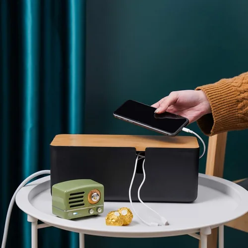Vista 5 de Changsuo Caja de organización de cables con tapa de bambú, pequeña caja organizadora de cables para cable de extensión, protector de sobretensiones