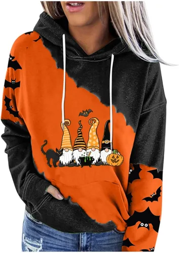 Vista 3 de Sudaderas de Halloween para mujer, Hocus Pocus, de manga larga, cuello redondo, talla grande, ligeras y cómodas, letras, B- naranja