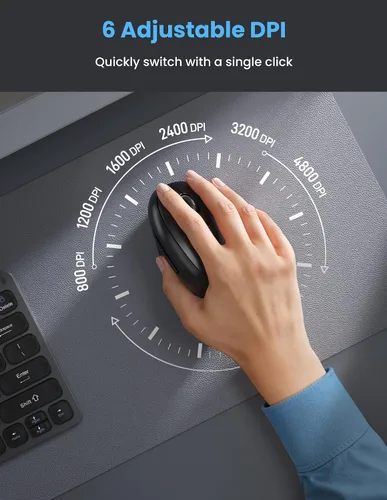 Vista 5 de TECKNET Ratón Ergonómico, Ratón Vertical Inalámbrico Bluetooth, Batería Recargable, Clics Silenciosos, DPI Ajustable de 4800, Conexión BT5.0/3.0