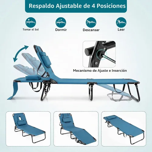Vista 5 de GYMAX Sillón de playa, silla para tomar el sol, silla plegable ajustable reclinable con agujero para la cara Azul