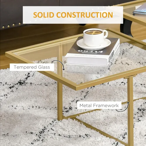 Vista 5 de HOMCOM Mesa auxiliar, mesa de centro de cristal templado con 2 mesas cuadradas, mesas de centro modernas para sala de estar, dormitorio, color dorado