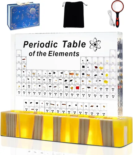Vista 6 de Tabla periódica con elementos reales en el interior, soporte iluminado ámbar, póster acrílico de tabla periódica de elementos, decoración
