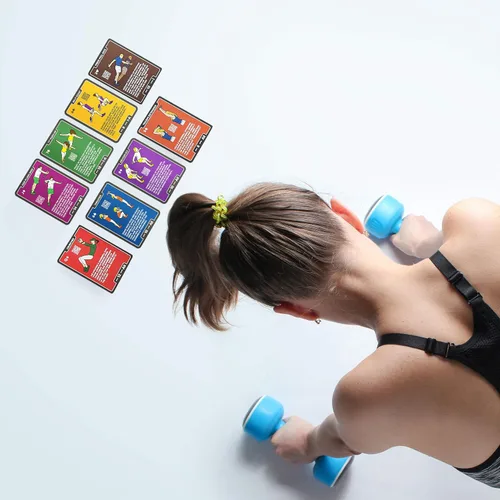 Vista 2 de Paquete de 52 tarjetas de ejercicio con mancuernas apiladas. Juego de entrenamiento. Instrucciones de video incluidas. Perfecto para entrenar