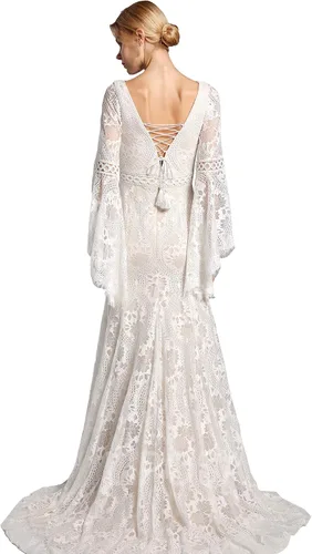 Vista 4 de LIPOSA Vestidos de novia de encaje bohemio para novias, mangas largas acampanadas, cuello en V, vestidos de novia de sirena con tren de barrido