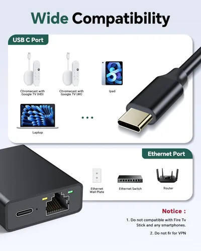 Vista 5 de ZEXMTE Adaptador USB C a Ethernet para Chromecast con Google TV, adaptador de red Ethernet USB C a Rj45, compatible con Chromecast Google TV