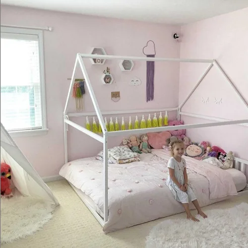 Vista 7 de Cama Montessori tamaño Queen, marco de cama Montessori con forma de casa para niños pequeños con listones debajo del colchón, marco de cama