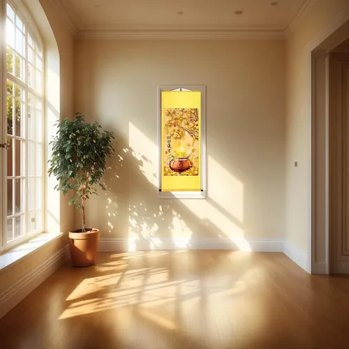 Vista 4 de Zzooi Feng Shui - Arte de pared de árbol del dinero, árbol de monedas, árbol del tesoro, pergamino de seda, póster de seda colgante de fortuna