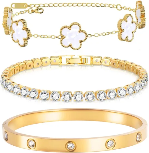 Vista 13 de Pulseras de oro para mujer - 4 piezas/3 piezas, juego de pulseras de tenis de 18K de oro chapado, elegantes pulseras de oro no manchadas de acero