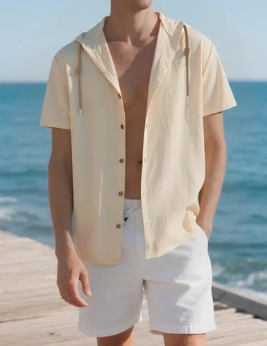 Vista 2 de Camisas de algodón y lino para hombre, sudaderas casuales de manga corta, con botones, para verano, playa, boda, con capucha
