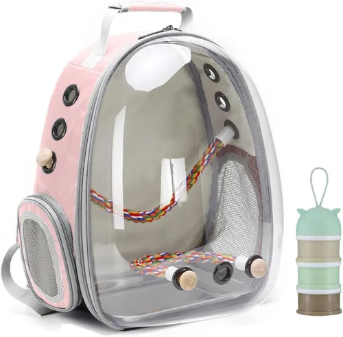 Vista 9 de Jaula de transporte de pájaros, cápsula de espacio transparente, mochila de astronauta para llevar periquitos, cacatúas, loro con bandeja de metal
