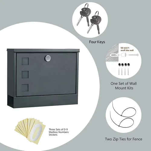 Vista 2 de LAND·VOI Buzón con cerradura montado en la pared, buzón de metal con tres juegos de calcomanías de números de buzón de correo, 4 llaves, 14.4" x