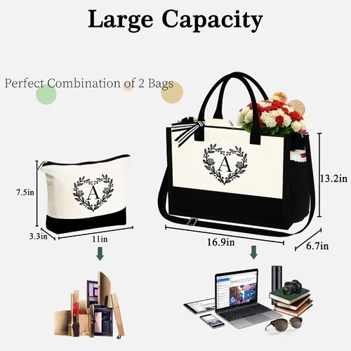 Vista 4 de YOOLIFE Regalos para mujeres – Bolsa de playa con monograma inicial con bolsa de maquillaje, día de la madre, regalos de cumpleaños para mujeres