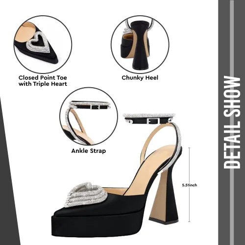 Vista 3 de Tacones de diamantes de imitación para mujer, tacón de aguja con tres corazones, tacones transparentes, sandalias de tiras puntiagudas con correa