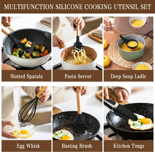 Vista 8 de Umite Chef Juego de utensilios de cocina, 33 piezas de espátulas de cocina de silicona antiadherentes con soporte, mango de madera juego de Negro