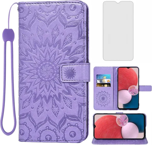 Vista 10 de Asuwish Funda de teléfono para Samsung Galaxy A13 LTE 4G con protector de pantalla de vidrio templado y funda delgada de cuero, soporte para Azul