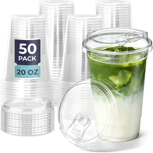 Vista 19 de Fit Meal Prep Paquete de 50 vasos de plástico transparente de 12 onzas con tapas sin pajilla, tazas de café de plástico desechables con tapas, tazas