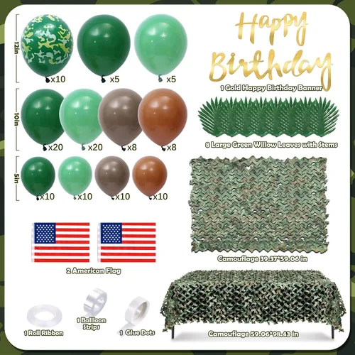 Vista 2 de Decoraciones de fiesta de cumpleaños del ejército 133, suministros de fiesta de camuflaje militar, kit de guirnalda de arco de globos, telón