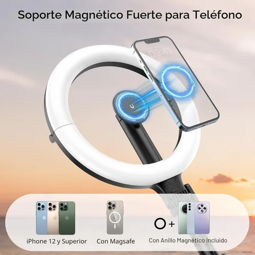 Vista 3 de Anillo de luz magnético de 10.2 pulgadas con trípode de 64 pulgadas para iPhone Mag Safe, anillo de luz recargable de 5000 mAh con soporte, trípode