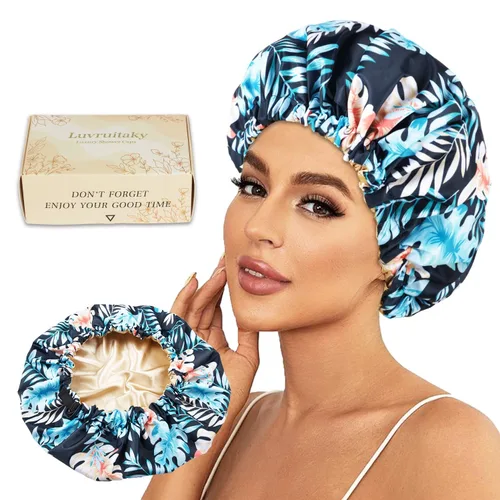 Vista 10 de 2 piezas de gorras de ducha para mujer, gorras de ducha reutilizables impermeables para el cabello con moño ajustable, lujosa gorra de baño para Rosa