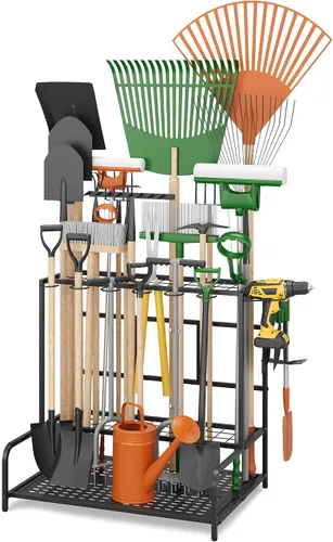 Vista 10 de Organizador de herramientas de jardín para esquina - Estante de metal resistente con 34 compartimentos de almacenamiento y 14 ganchos para palas