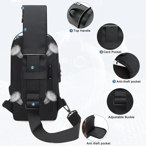 Vista 4 de Bolso bandolera con recarga USB, mochila deportiva impermeable en el pecho, mochila de hombro para viajes y viajes, Negro dorado, Ocio