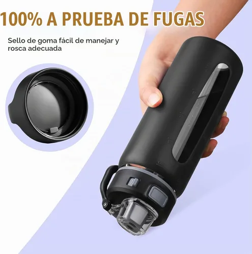 Vista 5 de Kodrine - Botella de agua de vidrio de 20 onzas con popote y 2 tapas para fácil transporte, con asa, funda de silicona y marcador de tiempo, botella