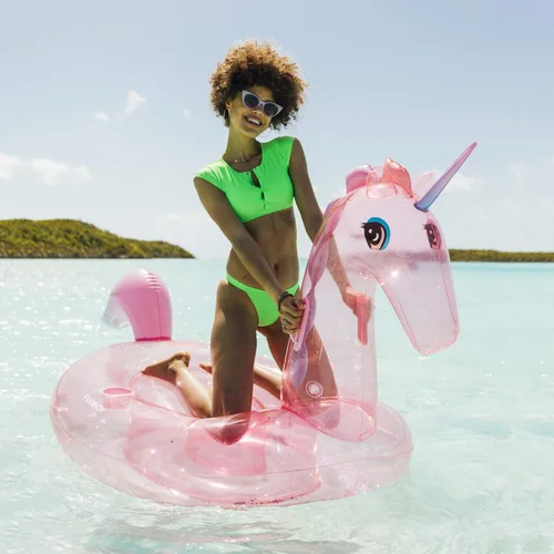 Vista 2 de Funboy - Flotador inflable, gigante y transparente con forma de unicornio y con brillantina, para fiestas de verano en la piscina y entretenimiento
