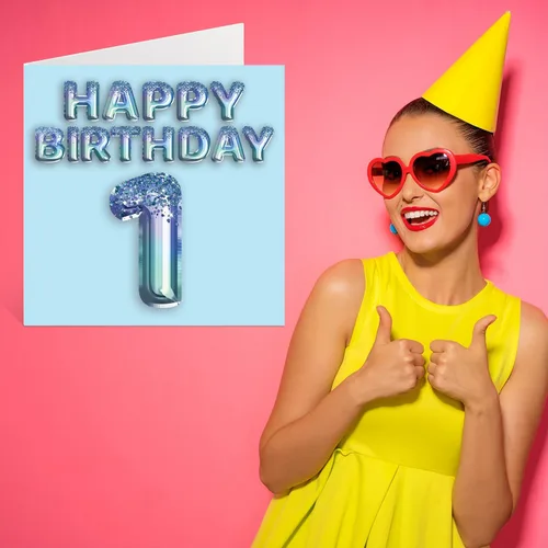 Vista 7 de Stuff4 Tarjeta de primer cumpleaños para niños, globo de fiesta con purpurina azul, tarjetas de feliz cumpleaños para niño de 1 año, nieto, hijo, 57