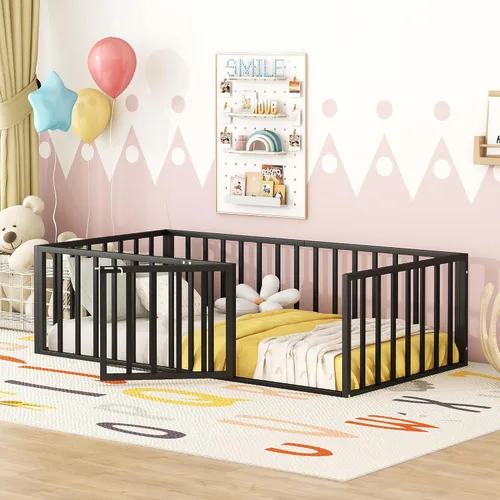 Vista 3 de Cama de suelo de tamaño individual para niños, camas Montessori con rieles y puerta, marco de cama de metal con valla para niños y niñas, color negro
