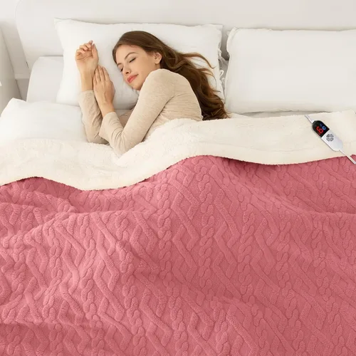 Vista 18 de Manta eléctrica tamaño individual 62"X84" amarilla - Manta cálida y gruesa de sherpa con calefacción para invierno con 5 niveles de calentamiento