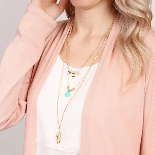 Vista 2 de RIAH FASHION Collar bohemio de múltiples capas Gypsy Layered Strand Drape Long Y Chain Bar Feather Pendant Drop Lariat