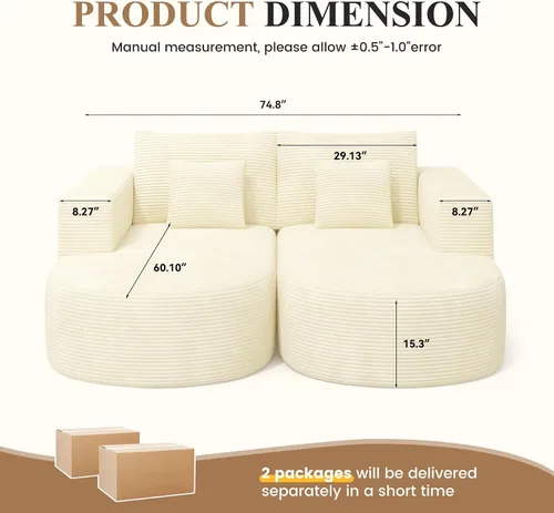 Vista 2 de Sofá cama modular, sofás de nube convertibles para sala de estar, 2 tumbonas de pana sin hueso, sofá cama de gran tamaño para dormitorio,