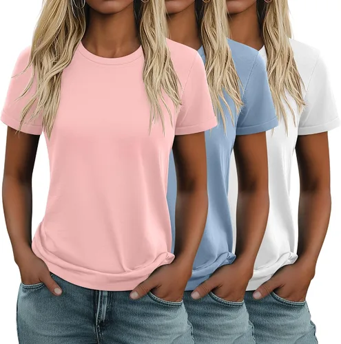 Vista 41 de Huukeay Paquete de 3 camisetas de algodón para mujer, estilo casual, de manga corta, cuello redondo, ajuste holgado, básica, lisa