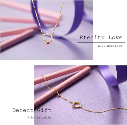 Vista 4 de FANCIME 14K Yellow Gold Ruby Neckalce With 0.192ct Natural Diamond 0.06ct Ruby Eternity Circle Round Pendant Necklace July Birthstone Necklace Fine