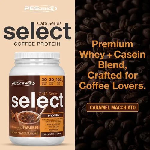 Vista 2 de PEScience Select Cafe Protein Coffee - Polvo con sabor a café, 100 mg de cafeína, 0.71 onzas de proteína helada, café en polvo o crema - Caramel