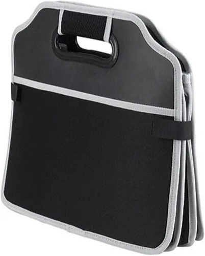 Vista 4 de Organizador de maletero de automóvil, negro, 3 secciones grandes de almacenamiento, almacena tus suministros de limpieza, equipo de emergencia