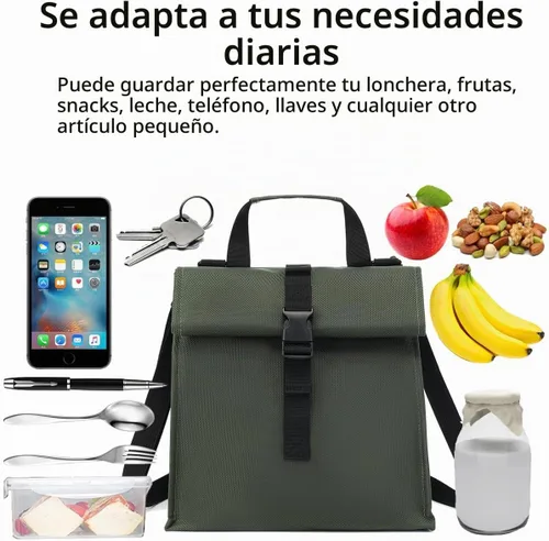 Vista 6 de GYEUKHAM Bolsa de almuerzo aislada para hombres/mujeres/niños, lonchera reutilizable con tapa enrollable y correa ajustable para el hombro Verde
