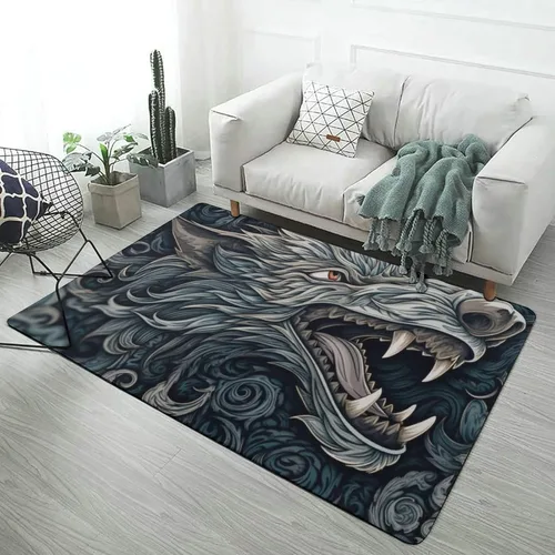 Vista 7 de Alfombra de arte de mitología nórdica de lobo Fenrir, tapete divertido regalo para decoración del hogar para dormitorio, sala de estar, alfombra