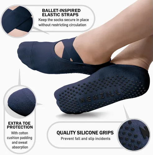 Vista 3 de NEWZILL Calcetines de yoga antideslizantes 2022 para mujer, calcetines de agarre con cojín para pilates, barre, ballet, danza, hospital, (3 pares)