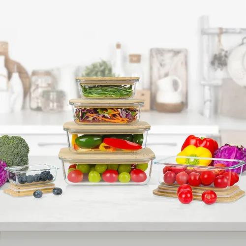 Vista 3 de Urban Green Contenedores de vidrio con tapas de bambú, juego de recipientes de vidrio para almacenamiento de alimentos, paquete de 5, organizador