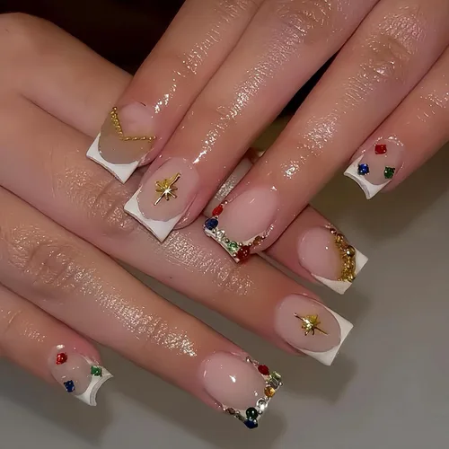 Vista 8 de MISUD Uñas Postizas Cortas Cuadradas - Uñas con Pegamento de Verano Colorido, Diseño de Arcoíris de Cocodrilo Acrílicas 24 piezas