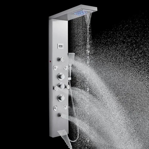 Vista 10 de POPFLY Sistema de Panel de Torre de Ducha con Altura de Brazo de Ducha Ajustable, Sistema de Cabezal de Lluvia, Panel de Ducha de Acero Inoxidable