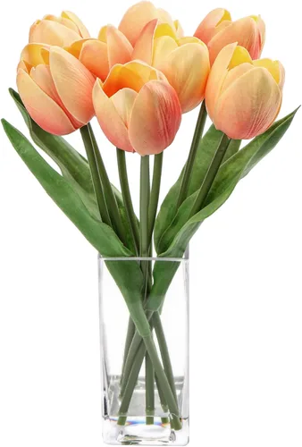 Vista 11 de Briful Flores Artificiales Flor de Tulipán Artificial Blanca en Jarrón Transparente, Arreglo de Tulipanes de Espuma de Tacto Real Adecuado