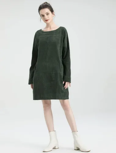 Vista 4 de Minibee Vestido tipo túnica de pana de manga larga con bolsillos para mujer