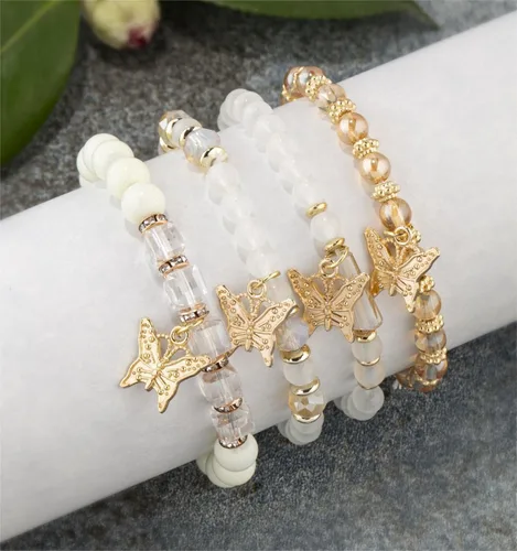 Vista 5 de Fuqimanman2020 Juego de 4 pulseras elásticas apilables con cuentas de oro con dije de mariposa de cristal y coloridas pulseras elásticas