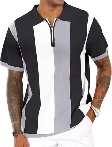 Vista 17 de Camisas polo de moda para hombre, camisas de punto vintage a rayas, camisas de golf casuales ajustadas