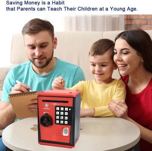Vista 5 de Banco seguro para niños, alcancía con contraseña y bloqueo de huellas dactilares, banco de dinero de voz, regalo genial y educativo para niños