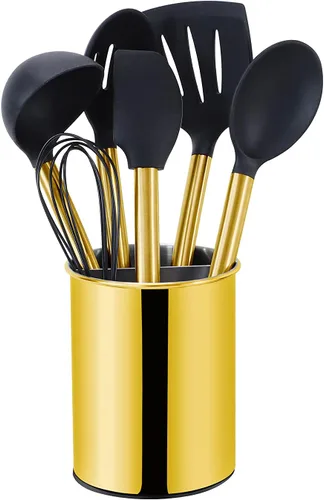 Vista 2 de ECHTWERK Juego de utensilios de cocina dorados de 7 piezas con asas de acero inoxidable y cabezales de silicona