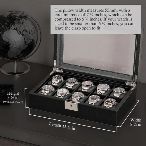 Vista 2 de ROTHWELL Caja de reloj de cuero con 10 ranuras, organizador de joyas de lujo, soporte para reloj con tapa de cristal grande, organizador de caja